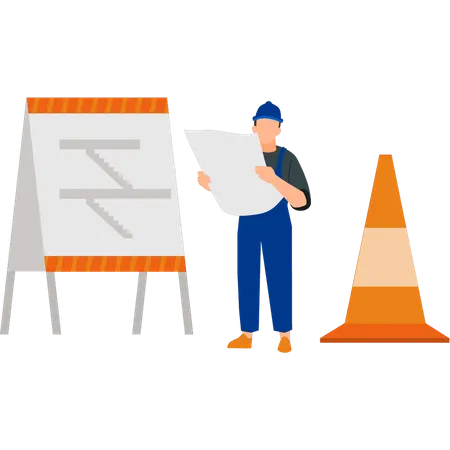 Engineer looking at construction design  Illustration