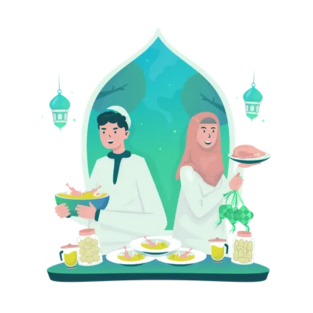 Enjoying Eid food  イラスト