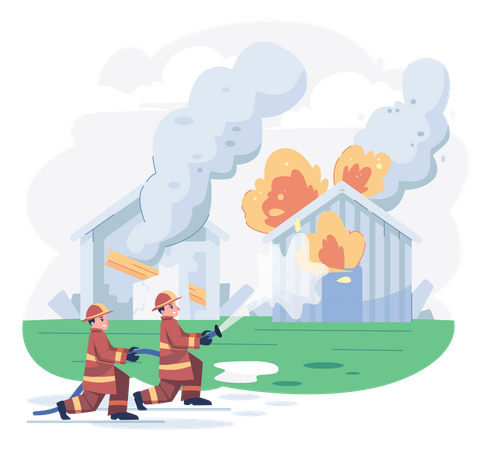 Equipo de bomberos regando el incendio provocado en el cobertizo  Ilustración