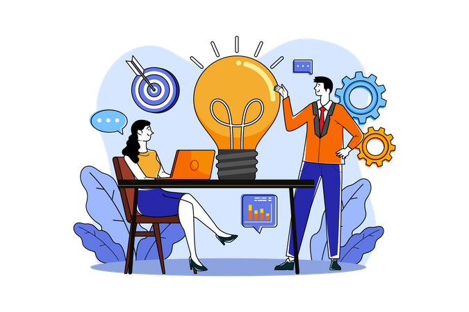 Equipo empresarial trabajando en una idea innovadora  Ilustración