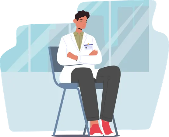 Estudiante de medicina en uniforme médico con placa sentado en una silla con las manos cruzadas escuchando el seminario  Ilustración