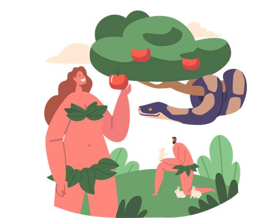 Evil Serpent Deceive And Tempt Eve Into Eating Fruit From Forbidden Tree  일러스트레이션