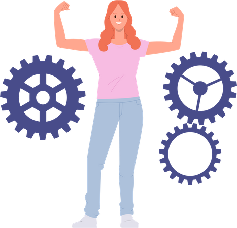 Excited woman showing arm muscle winner gesture proud of find creative solution  Illustration
