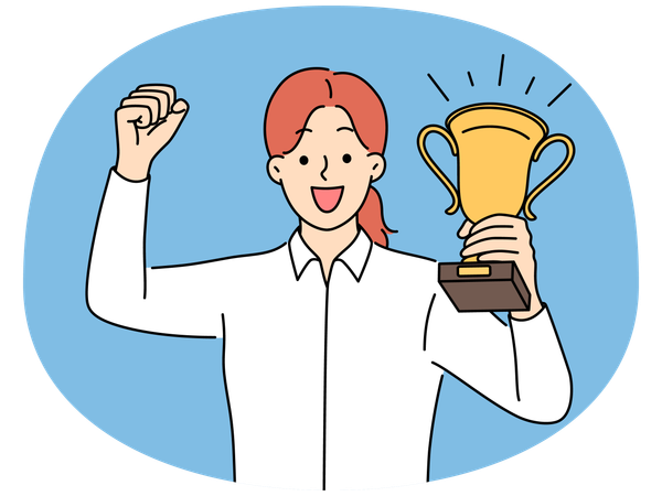 Excited woman with golden prize celebrate win  Illustration