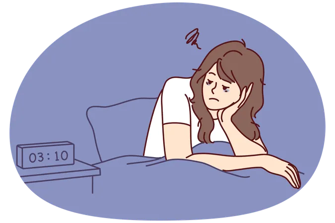 Exhausted woman sit in bed suffer from insomnia  Illustration