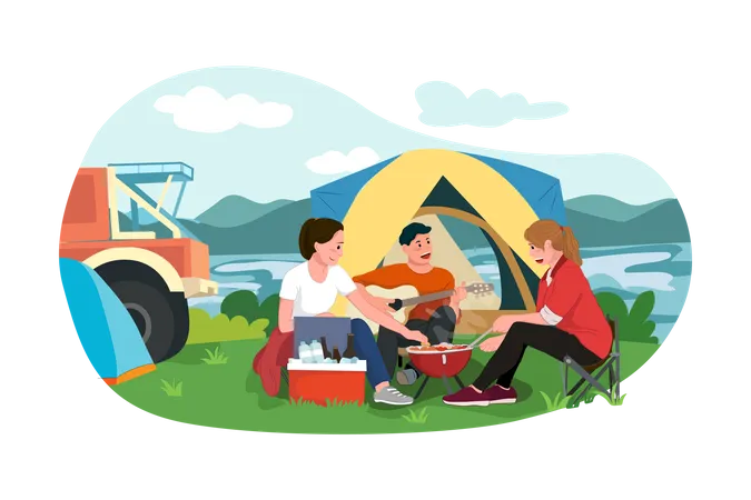 Familia disfrutando del camping  Ilustración