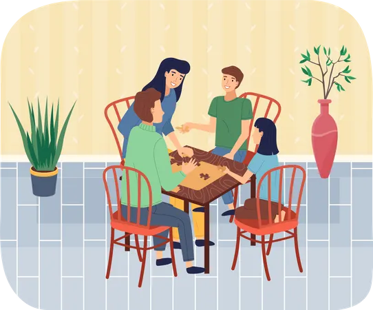 Família feliz pagando jogo de tabuleiro e passando tempo em casa  Ilustração