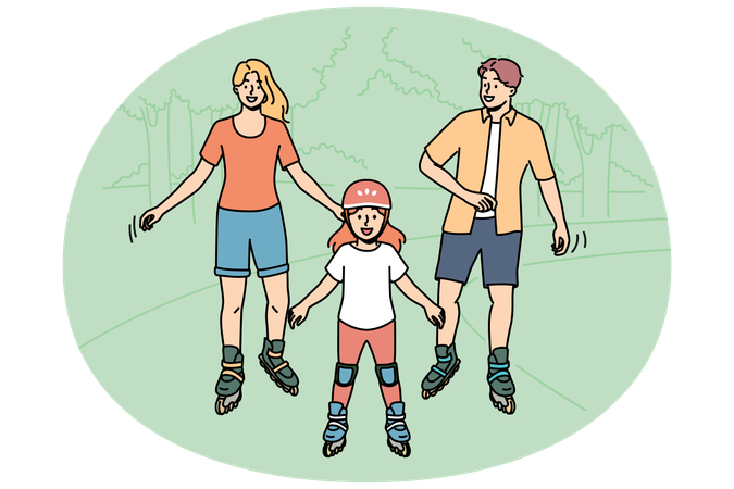 Familia feliz patinando en el parque disfrutando de una actividad conjunta en la naturaleza en un clima cálido de verano  Ilustración