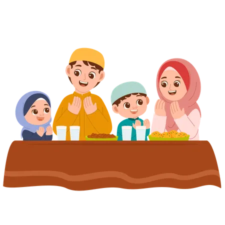 Família muçulmana reza junta antes de comer Ilustração