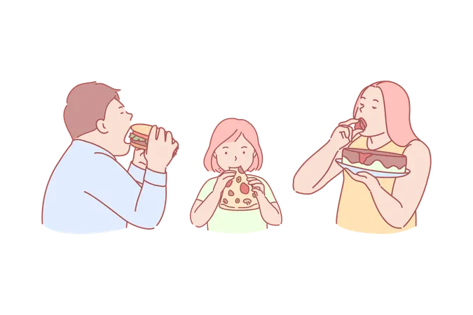 Family eating fast food together  Illustration