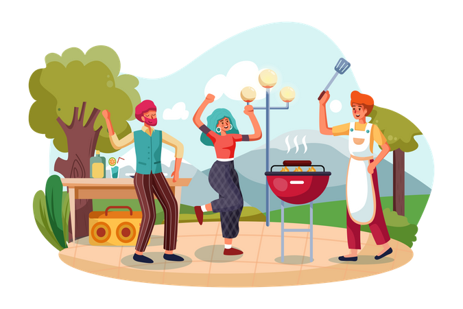 Family enjoying Barbecue Party  イラスト