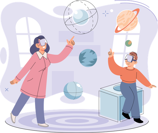 VRヘッドで仮想現実を学ぶ家族  イラスト