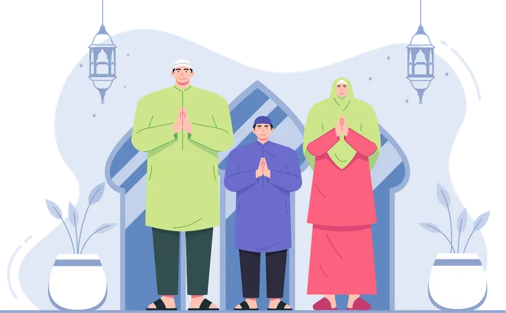 Family wishing Eid Mubarak greeting  Illustration