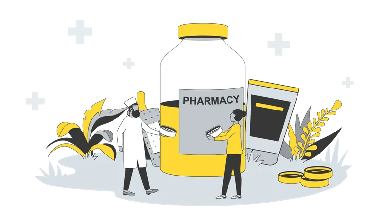 Farmacêutico vende remédio para mulher  Ilustração