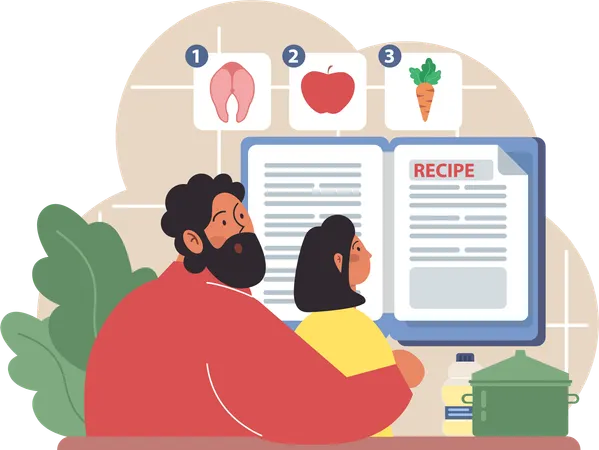 Father and daughter watching recipe book  Illustration