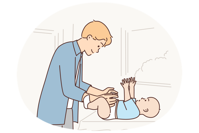 Father changes nappy baby lying on changing table and takes care of little newborn son  Illustration
