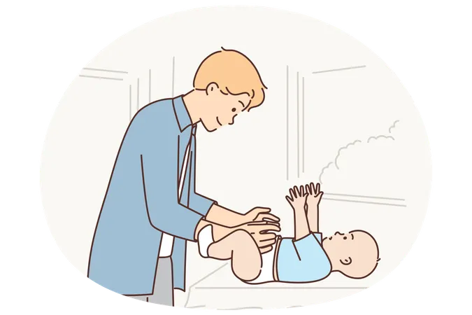 Father changes nappy baby lying on changing table and takes care of little newborn son  Illustration