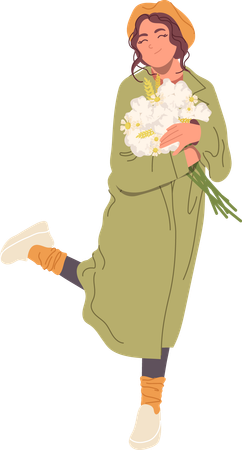 Feliz joven romántica sosteniendo flores en las manos  Ilustración
