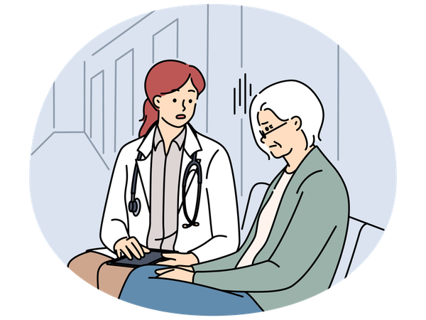 Female doctor talking with elderly grandmother at hospital  Illustration