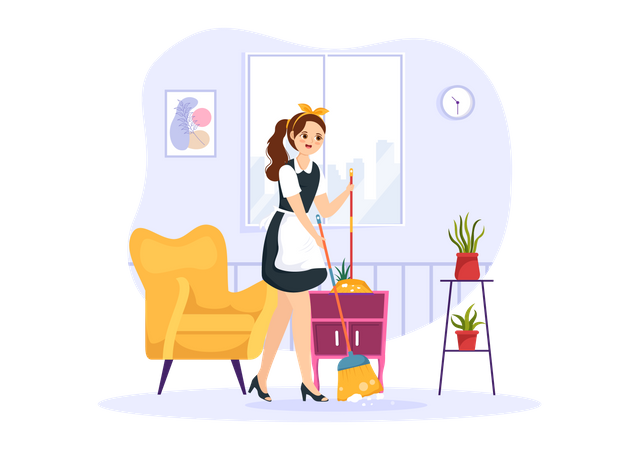 Female Maid dusting floor  Illustration