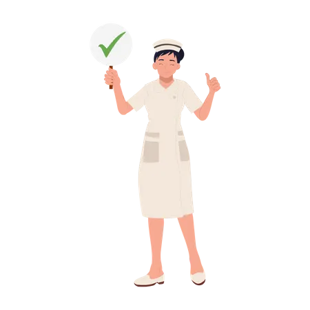 Female nurse holding Check mark sign with showing thumbs up  Illustration