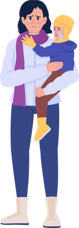 Female war victim holding weeping son  イラスト