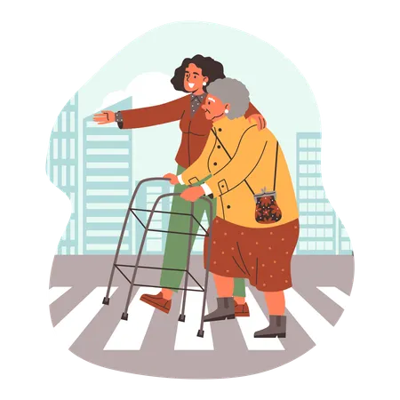 Une femme aide sa grand-mère à traverser la rue  Illustration