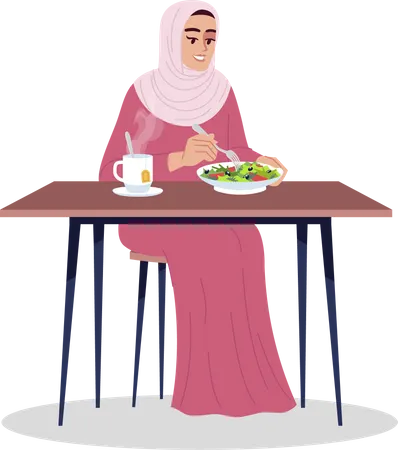 Femme arabe mangeant de la salade avec du thé chaud  Illustration