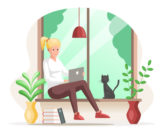 Femme assise à la fenêtre travaillant sur un ordinateur portable  Illustration