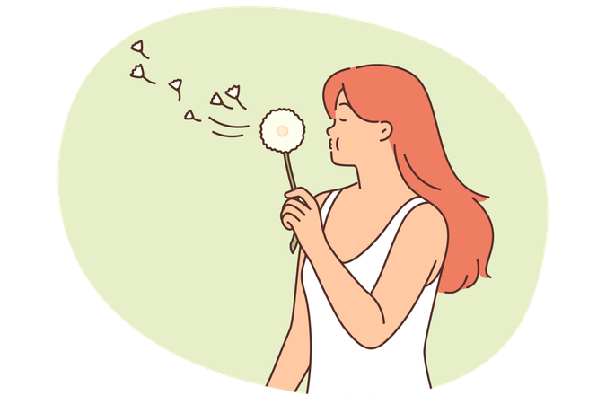 Une femme avec un pissenlit se tient dans un champ de printemps et souffle sur une fleur  Illustration