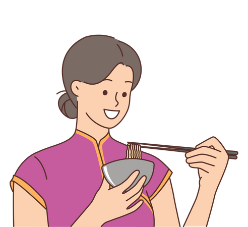 Femme chinoise mangeant des nouilles  Illustration