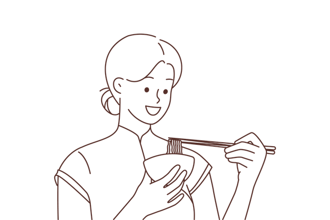 Femme chinoise mangeant des nouilles  Illustration