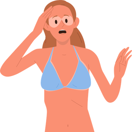 Personnage féminin bouleversé, terrifié par les coups de soleil sur le visage en forme de lunettes de soleil  Illustration