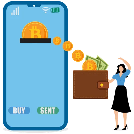 Femme d'affaires montrant un portefeuille Bitcoin sur son téléphone portable  Illustration