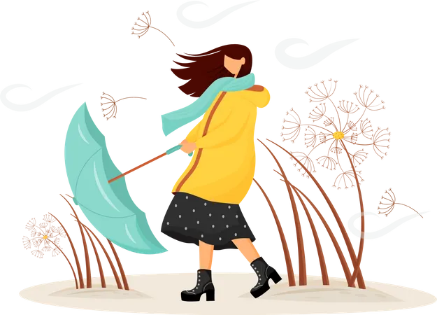 Femme en manteau avec parapluie en tempête  Illustration