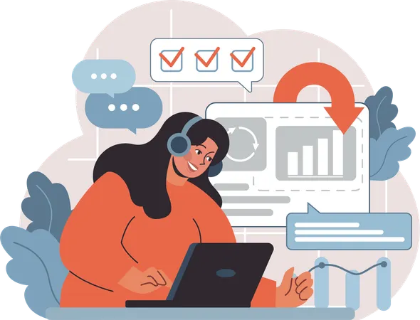 Femme effectuant une analyse de projet tout en travaillant sur un ordinateur portable avec un casque  Illustration