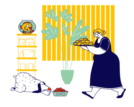 Gardienne féminine portant un plateau avec un tas de tartes fraîches  Illustration