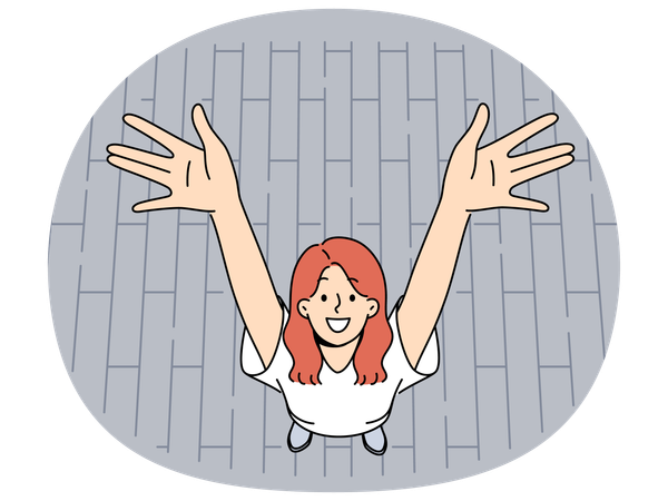 Une femme heureuse lève les mains debout sur le trottoir de la rue et sourit en regardant l'écran  Illustration