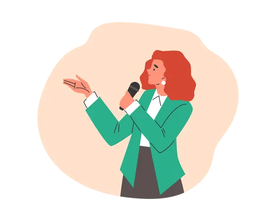 Femme souriante en veste verte parlant au microphone  Illustration