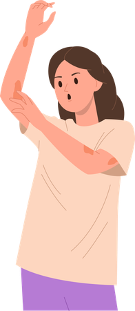 Femme stressée souffrant de gratter la peau rouge et irritée  Illustration