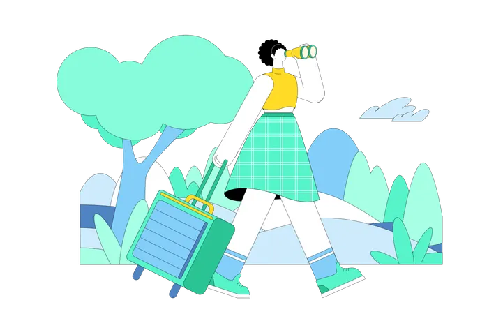 Femme trouvant un lieu de voyage avec des jumelles Illustration