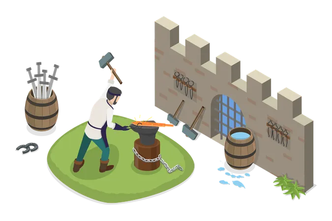 Ferreiro Medieval e Criação de Armas  Ilustração