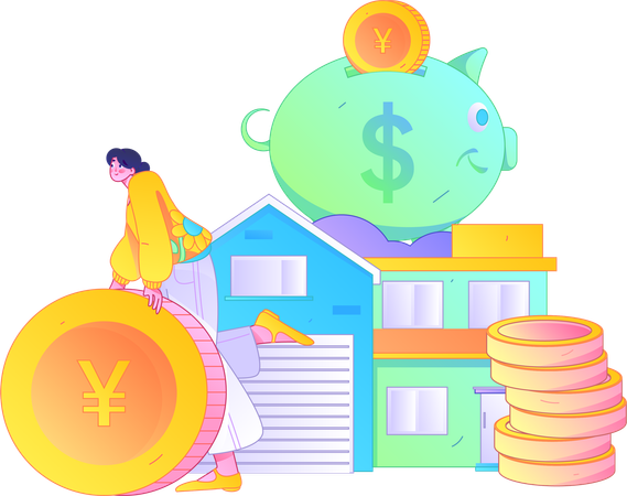 Une fille économise de l’argent pour acheter une maison  Illustration