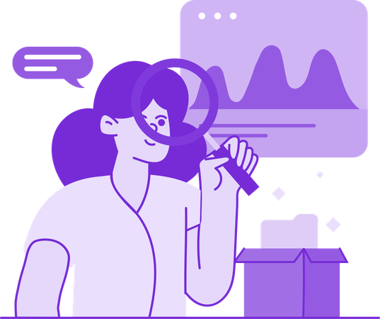 Fille effectuant une analyse de données avec une loupe  Illustration