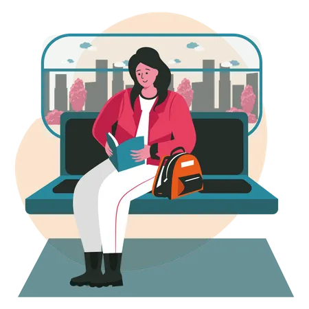 Fille lisant un livre en voyageant dans un train  Illustration