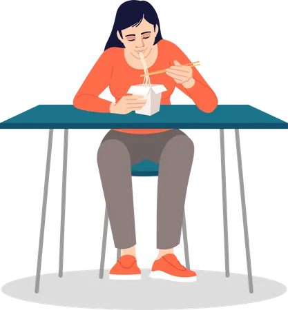 Fille mangeant des nouilles avec des baguettes  Illustration