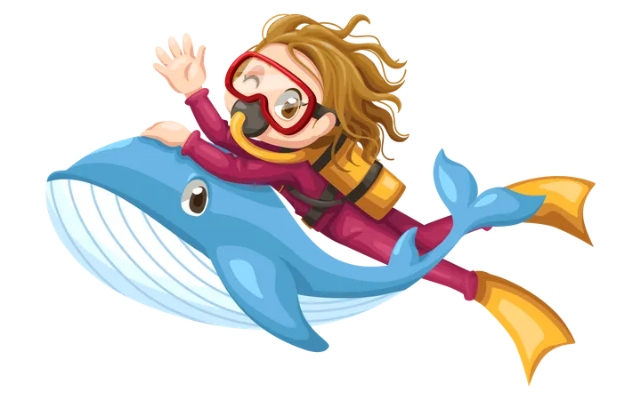 Fille nageant avec des poissons baleines  Illustration