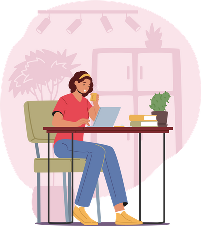 Freiberuflerin arbeitet am Laptop mit Kaffeetasse und denkt über Aufgaben nach  Illustration