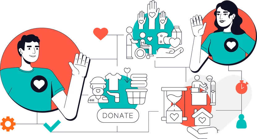 Männliche und weibliche Freiwillige spenden Lebensmittel und Kleidung  Illustration