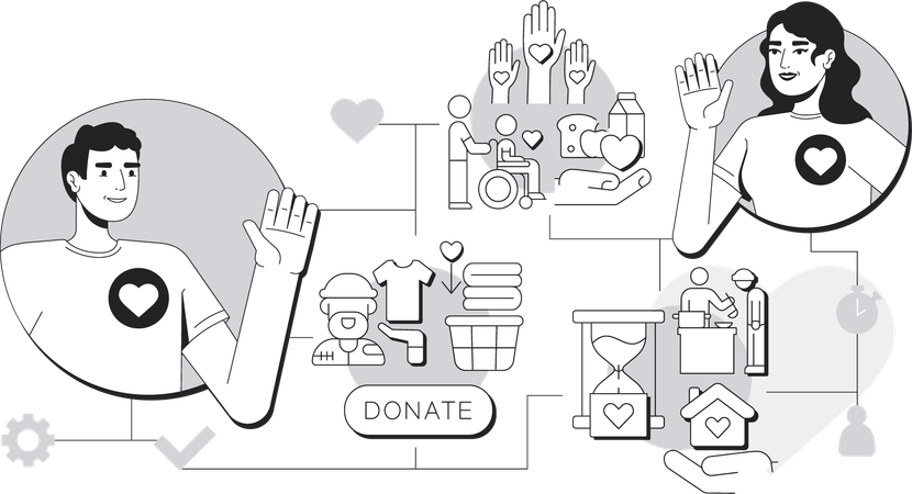 Männliche und weibliche Freiwillige spenden Lebensmittel und Kleidung  Illustration